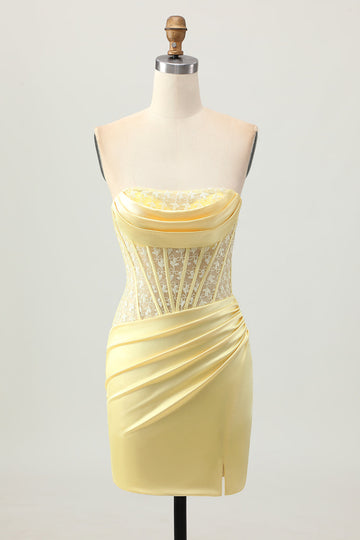 Yellow Satin Corset Tight Short Prom Dress with Lace Up Back